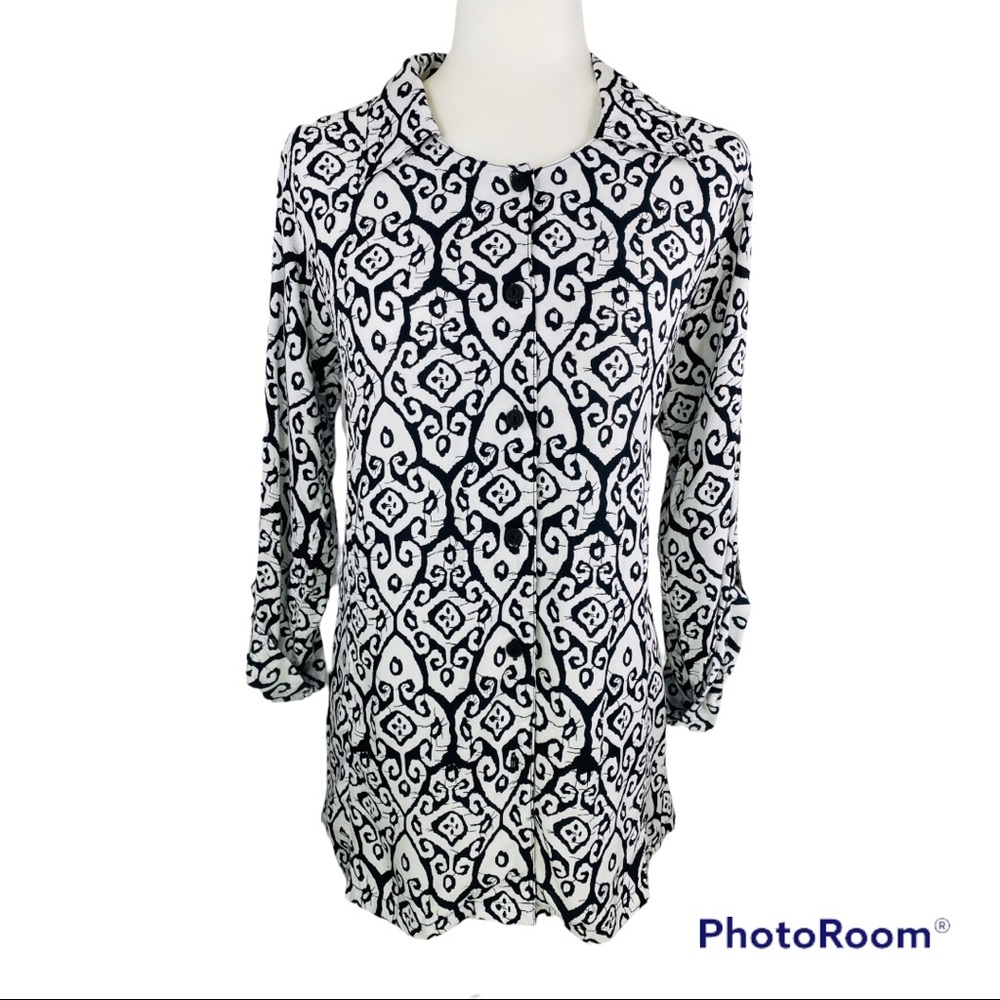 Soft Surroundings Salina Black & White Bohemian Button Up Roll Tap Sleev…